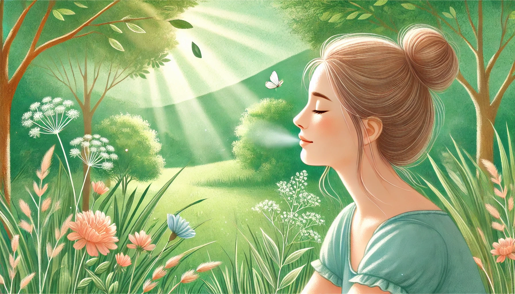 DALL·E 2025-01-23 10.45.01 - An illustration of relaxation featuring a woman taking a deep sigh in a beautiful green environment. She has a peaceful expression, her eyes gently cl